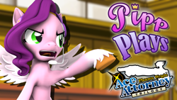 Size: 1920x1080 | Tagged: safe, artist:pika-robo, pipp petals, pegasus, pony, series:pipp plays, g4, g5, 3d, ace attorney, fake thumbnail, female, g5 to g4, gamer pipp, gaming headset, generation leap, headset, let's play, mare, objection, open mouth, phoenix wright, solo, source filmmaker, youtube thumbnail