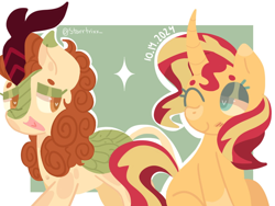 Size: 1600x1200 | Tagged: safe, artist:startrixx_, autumn blaze, sunset shimmer, kirin, pony, unicorn, g4, autumnshimmer, crack shipping, duo, duo female, female, heart, heart eyes, horn, lesbian, one eye closed, passepartout, shipping, sparkles, wingding eyes, wink