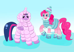 Size: 4093x2894 | Tagged: safe, artist:redfire-pony, pinkie pie, twilight sparkle, alicorn, earth pony, pony, g4, blushing, bundled up for winter, clothes, embarrassed, female, hat, mare, puffer vest, smiling, snowsuit, winter, winter outfit