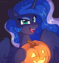 Size: 2243x2380 | Tagged: safe, artist:skysorbett, princess luna, alicorn, pony, mlp fim's fourteenth anniversary, g4, cute, cute little fangs, ethereal mane, fangs, featured image, female, halloween, halloween 2024, holiday, horn, jack-o-lantern, looking at you, lunabetes, mare, nightmare night, open mouth, open smile, pumpkin, smiling, solo, sparkles, sparkly mane