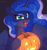 Size: 2243x2380 | Tagged: safe, artist:skysorbett, princess luna, alicorn, pony, mlp fim's fourteenth anniversary, g4, cute, cute little fangs, ear fluff, ethereal mane, eyebrows, eyeshadow, fangs, featured image, female, halloween, halloween 2024, holiday, horn, jack-o-lantern, looking at you, lunabetes, makeup, mare, nightmare night, open mouth, open smile, partially open wings, pumpkin, smiling, smiling at you, solo, sparkles, sparkly mane, starry mane, wing fluff, wings