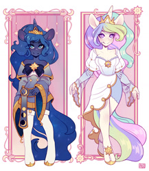 Size: 1500x1732 | Tagged: safe, artist:cherryena, princess celestia, princess luna, alicorn, anthro, unguligrade anthro, g4, asymmetrical clothes, breasts, busty princess celestia, clothes, collarbone, dress, duo, duo female, ethereal hair, ethereal mane, ethereal tail, eye clipping through hair, female, jewelry, lidded eyes, looking at you, off shoulder, royal sisters, siblings, signature, sisters, smiling, smiling at you, standing, starry mane, starry tail, stockings, tail, thigh highs, tiara