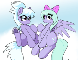 Size: 4096x3172 | Tagged: safe, artist:dowa, cloudchaser, flitter, pegasus, pony, g4, belly, belly button, bow, duo, duo female, female, gradient background, hair bow, horseshoes, looking at you, mare, outdoors, sitting, spread wings, wings