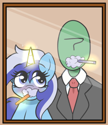 Size: 1396x1614 | Tagged: safe, artist:dowa, minuette, oc, oc:anon, pony, unicorn, g4, brushing teeth, canon x oc, clothes, duo, duo male and female, female, horn, indirect kiss, magic, male, mirror, necktie, suit, telekinesis, toothbrush, toothpaste