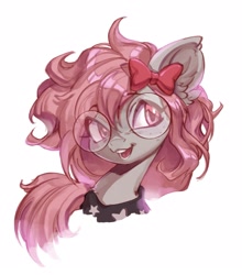 Size: 1903x2160 | Tagged: safe, artist:rrusha, oc, oc only, oc:krista pebble, earth pony, bow, bust, clothes, curly mane, ear fluff, eye clipping through hair, freckles, glasses, hair bow, looking at someone, open mouth, open smile, pink eyes, pink mane, shirt, simple background, smiling, t-shirt, white background