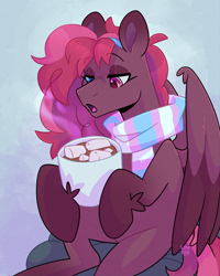 Size: 2000x2500 | Tagged: safe, artist:lionbun, oc, oc only, oc:party frosting, pegasus, pony, chocolate, clothes, female, food, heterochromia, hot chocolate, marshmallow, mug, pride, pride flag, redesign, scarf, solo, striped scarf, trans female, transgender, transgender pride flag