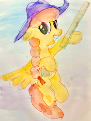 Size: 1725x2300 | Tagged: safe, artist:mandumustbasukanemen, record high, pegasus, pony, g4, braid, female, flying, hat, looking at you, mare, notebook, ruler, solo, traditional art, watercolor painting