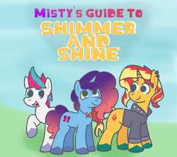 Size: 2300x2039 | Tagged: safe, artist:zoeyhorse, misty brightdawn, sunset shimmer, zipp storm, pegasus, pony, unicorn, fanfic:misty's guide to shimmer and shine, g4, g5, clothes, fanfic, fanfic art, fanfic cover, female, generation leap, horn, jacket, jewelry, mare, necklace, open mouth, open smile, raised hoof, rebirth misty, smiling, text, trio, trio female