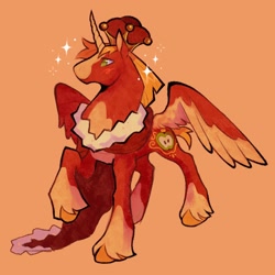 Size: 2048x2048 | Tagged: safe, artist:llorienart, big macintosh, alicorn, pony, g4, alicornified, blaze (coat marking), cape, clothes, coat markings, colored belly, colored horn, colored wings, colored wingtips, crown, facial markings, horn, jewelry, male, orange background, partially open wings, princess big mac, race swap, regalia, simple background, socks (coat markings), solo, sparkles, stallion, standing on two hooves, wings