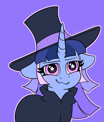 Size: 1722x2026 | Tagged: safe, artist:leopardsnaps, oc, oc only, oc:flawless sparklemoon, pony, unicorn, my little pony the movie: the death of twilight sparkle, cloak, clothes, eyebrows, female, fusion, fusion:trixie, fusion:twilight sparkle, fusion:twixie, hat, horn, looking at you, mare, purple background, simple background, solo, top hat