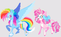 Size: 1896x1156 | Tagged: safe, artist:sweetpinkheart0, pinkie pie, rainbow dash, earth pony, pegasus, pony, g4, alternate design, cute, duo, duo female, female, gray background, open mouth, open smile, raised hoof, redesign, simple background, smiling, spread wings, wings