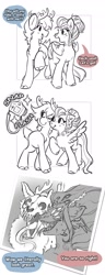 Size: 1577x4096 | Tagged: safe, artist:opalacorn, oc, oc only, oc:void, deer, pegasus, pony, reindeer, body horror, buck, camera, deer oc, drool, duo, duo male and female, eldritch abomination, female, grayscale, laurel wreath, long tongue, male, mare, monochrome, multiple eyes, non-pony oc, nose piercing, nose ring, partial color, piercing, selfie, sharp teeth, simple background, skull, spread wings, teeth, tongue out, white background, wings