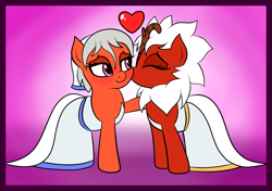 Size: 2000x1411 | Tagged: safe, artist:vomitvomiting, oc, oc only, oc:crabapplecore, oc:maplecakes, kirin, pony, cheek kiss, clothes, dress, duo, gradient background, kissing, wedding dress