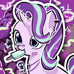 Size: 2048x2048 | Tagged: safe, artist:izuchi, starlight glimmer, pony, g4, abstract background, bandaid, bandaid on nose, female, food, horn, ice cream, solo