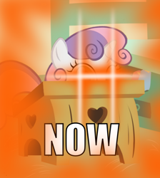 Size: 1344x1500 | Tagged: safe, edit, edited screencap, editor:sollace, screencap, sweetie belle, pony, unicorn, g4, caption, cropped, desk, female, filly, foal, glowing, glowing eyes, horn, image macro, looking at you, meme, now, solo, soon, text