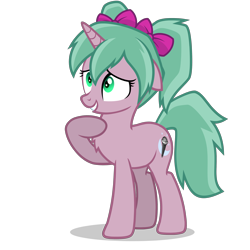 Size: 2800x2800 | Tagged: safe, artist:oblivionfall, oc, oc only, oc:magicalmysticva, pony, unicorn, chest fluff, cute, female, floppy ears, green eyes, horn, pigtails, pink body, pink bow, shrunken pupils, simple background, solo, teal mane, transparent background, twintails, vector