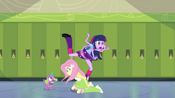 Size: 1920x1080 | Tagged: safe, screencap, fluttershy, spike, twilight sparkle, dog, human, equestria girls, g4, my little pony equestria girls, boots, clothes, flailing, great moments in animation, hallway, indoors, kneeling, lockers, polka dot socks, raised leg, shoes, socks, spike the dog, trio, twilight sparkle (alicorn)