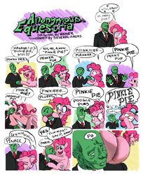 Size: 786x961 | Tagged: safe, artist:anonymous, artist:weaver, pinkie pie, oc, oc:anon, earth pony, human, pony, g4, /create/, 12 panel comic, anon in equestria, balloonbutt, butt, butt bump, close enough, clothes, collaboration, comic, correction, crying, dialogue, duo, duo male and female, embarrassed, eyes closed, facehoof, female, floppy ears, forced smile, frustrated, gun, gun to head, hahaha, handgun, hoof hold, human oc, knife, laughing, looking at each other, looking at someone, magma.com, male, mane hold, mare, misnaming, mispronunciation, more at source, necktie, plot, ponk, ponka po, red neck tie, redraw, smiling, speech bubble, suit, teasing, threatening