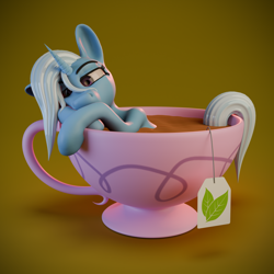 Size: 2560x2560 | Tagged: safe, artist:enteryourponyname, trixie, pony, unicorn, g4, 3d, blender, blender cycles, cup, cup of pony, cute, diatrixes, female, food, hatless, horn, mare, micro, missing accessory, solo, tea, teacup, that pony sure does love teacups