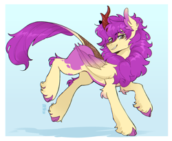 Size: 2800x2300 | Tagged: safe, artist:soahonga, oc, oc only, oc:purple wingshade, hybrid, kirin, original species, pegasus, pony, brown eyes, cloven hooves, colored wings, ear fluff, fluffy, freckles, hooves, kirin-ified, markings, multicolored wings, purple mane, simple background, smug, solo, species swap, spots, unshorn fetlocks, wings