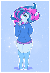 Size: 1835x2652 | Tagged: safe, artist:prixy05, oc, oc only, oc:moon, human, clothes, freckles, hair over one eye, hoodie, humanized, outline, oversized clothes, oversized hoodie, owner:yoshter7, passepartout, solo, stockings, thigh highs, white outline