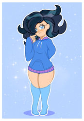 Size: 1835x2652 | Tagged: safe, alternate version, artist:prixy05, oc, oc only, oc:moon, human, clothes, freckles, hair over one eye, hoodie, humanized, light skin, not misty brightdawn, outline, oversized clothes, oversized hoodie, owner:yoshter7, passepartout, solo, stockings, thigh highs, white outline