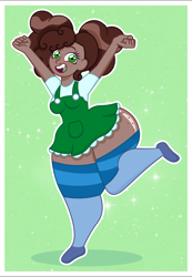 Size: 1835x2652 | Tagged: safe, alternate version, artist:prixy05, oc, oc only, oc:clover, human, clothes, dark skin, dress, freckles, humanized, one leg raised, open mouth, outline, owner:yoshter7, passepartout, solo, stockings, thigh highs, thighs, thunder thighs, white outline, wide hips