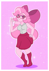 Size: 1835x2652 | Tagged: safe, artist:prixy05, oc, oc only, oc:orchid, human, bow, clothes, ear piercing, earring, freckles, glasses, hair bow, humanized, jewelry, outline, owner:yoshter7, passepartout, piercing, skirt, solo, stockings, thigh highs, white outline