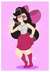 Size: 1835x2652 | Tagged: safe, alternate version, artist:prixy05, oc, oc only, oc:orchid, human, bow, clothes, ear piercing, earring, freckles, glasses, hair bow, humanized, jewelry, light skin, outline, owner:yoshter7, passepartout, piercing, skirt, solo, stockings, thigh highs, white outline