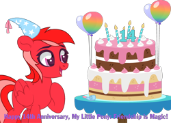 Size: 4672x3362 | Tagged: safe, oc, oc only, oc:cerise blossom, pony, mlp fim's fourteenth anniversary, 14, balloon, cake, candle, food, simple background, solo, transparent background