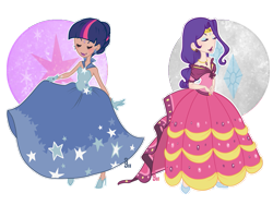 Size: 1001x752 | Tagged: safe, artist:dess-arts, rarity, twilight sparkle, human, g4, alternate hairstyle, artifact, belt, blushing, clothes, dark skin, dress, dress lift, duo, duo female, ear piercing, earring, eyes closed, eyeshadow, female, gala dress, gloves, gown, high heels, humanized, jewelry, lipstick, makeup, open mouth, piercing, playing with dress, rarity's first gala dress, shoes, simple background, transparent background