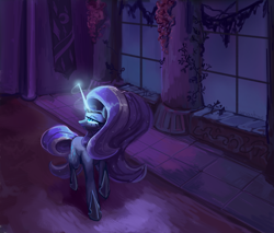 Size: 4700x4000 | Tagged: safe, alternate version, artist:anastas, part of a set, nightmare rarity, pony, unicorn, series:ask nightmare rarity, g4, ask, bad end, canterlot castle, carpet, column, comic, detailed background, ethereal mane, eyeshadow, fangs, female, flowing mane, flowing tail, glowing, glowing horn, hoof shoes, horn, indoors, jewelry, looking at you, magic, magic aura, makeup, mare, mare in the moon, mlp art ask (ru), moon, nightmarified, open mouth, princess shoes, regalia, slit pupils, solo, speech bubble, starry mane, starry tail, tail, textless, textless version, walking, window