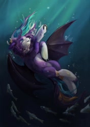 Size: 724x1024 | Tagged: safe, artist:jackiesenvy, oc, oc only, bat pony, fish, pony, bat wings, bubble, crepuscular rays, digital art, female, flowing mane, flowing tail, looking up, mare, ocean, sinking, solo, spread wings, swimming, tail, underwater, unshorn fetlocks, water, wings