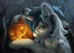 Size: 1280x904 | Tagged: safe, artist:jackiesenvy, oc, oc only, pony, unicorn, commission, fangs, hairclip, halloween, holiday, horn, jack-o-lantern, pumpkin, solo, ych result