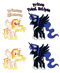 Size: 6661x8058 | Tagged: safe, anonymous artist, oc, oc only, oc:prince total eclipse, oc:princess kilonova, alicorn, pony, g4, absurd resolution, accessory, alicorn oc, closed mouth, cousins, crown, description is relevant, evil eyes, eyebrows, eyelashes, eyes open, facial hair, family, female, hoof shoes, horn, jewelry, looking, looking at you, looking back, looking back at you, male, mare, name, nostrils, offspring, parent:oc:prince magnetar superstar, parent:oc:prince umbra shadowmoon, parent:oc:princess pulsar superstar, parent:oc:princess umbra bloodmoon, parents:superstarcest, parents:umbracest, prince, princess, product of incest, regalia, royalty, show accurate, simple background, smiling, smiling at you, spread wings, stallion, standing, story included, text, transparent background, vector, wall of tags, wings