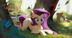 Size: 2048x1080 | Tagged: safe, artist:minuko, fluttershy, harry, bear, bird, butterfly, duck, pegasus, pony, raccoon, g4, butterfly on nose, cute, female, fluttershy's cottage, insect on nose, lying down, mare, mushroom, outdoors, picnic blanket, prone, shyabetes, solo, teapot, tree