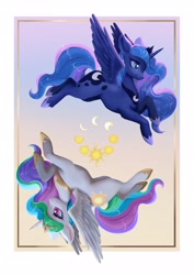 Size: 2896x4096 | Tagged: safe, artist:minuko, princess celestia, princess luna, alicorn, pony, g4, duo, duo female, female, flowing mane, flowing tail, gradient background, hoof shoes, jewelry, mare, peytral, regalia, starry tail, tail