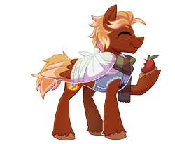 Size: 2200x1800 | Tagged: safe, artist:hibiscuit--rose, oc, oc only, oc:golden flare, pegasus, pony, apple, bandage, broken bone, broken wing, cast, clothes, colored hooves, colored wings, commission, eating, eyes closed, food, freckles, happy, hooves, injured, male, nonbinary, pegasus oc, ponified, scarf, short tail, simple background, sling, solo, species swap, stallion, sweater, tail, transparent background, unshorn fetlocks, vest, wings