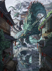 Size: 3840x5232 | Tagged: safe, artist:makkah, mistmane, dragon, eastern dragon, unicorn, g4, bridge, curved horn, detailed background, duo, female, horn, lantern, magic, mare, outdoors, paper lantern, scenery, scenery porn, technically advanced, telekinesis, umbrella, water