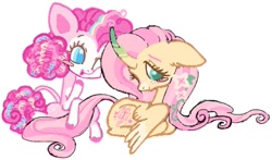 Size: 680x400 | Tagged: safe, artist:sweetpinkheart0, fluttershy, pinkie pie, alicorn, earth pony, pegasus, pony, g4, alicornified, duo, duo female, female, fluttercorn, race swap, simple background, white background