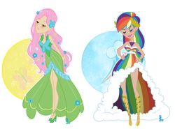 Size: 1016x752 | Tagged: safe, artist:dess-arts, fluttershy, rainbow dash, human, g4, arm behind back, clothes, dress, duo, duo female, eyes closed, female, gala dress, hand on hip, high heels, humanized, shoes, simple background, transparent background