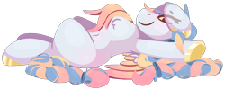 Size: 1502x602 | Tagged: safe, artist:rhythmpixel, oc, oc only, oc:seashore swirl, pegasus, belly, belly button, blushing, braid, chest fluff, concave belly, looking at you, lying down, on back, relaxed wings, simple background, solo, transparent background