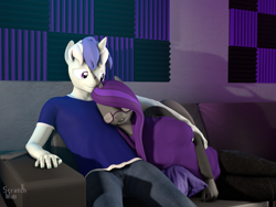 Size: 2880x2160 | Tagged: safe, artist:scratch_wub, oc, oc only, oc:etheria galaxia, oc:scratch wub, alicorn, unicorn, anthro, 3d, couch, cuddling, duo, duo male and female, female, horn, male, ship:scratchtheria, shipping, sitting, sleeping, smiling, source filmmaker, watermark