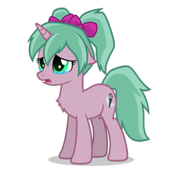 Size: 2800x2800 | Tagged: safe, artist:oblivionfall, oc, oc only, oc:magicalmysticva, pony, unicorn, bow, chest fluff, crying, female, floppy ears, green eyes, hair bow, horn, pigtails, pink body, pink bow, png, sad, simple background, solo, teal mane, teary eyes, transparent background, twintails, vector