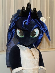 Size: 675x900 | Tagged: safe, artist:kolshica, princess luna, 2017, bust, clothes, dress, fursuit, indoors, irl, jewelry, photo, ponysuit, portrait, regalia, socks, solo