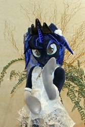 Size: 600x900 | Tagged: safe, artist:kolshica, princess luna, 2017, clothes, dress, fursuit, hoof on cheek, indoors, irl, jewelry, photo, ponysuit, regalia, socks, solo