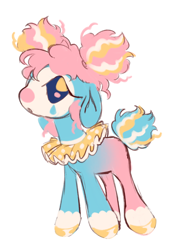 Size: 1134x1544 | Tagged: safe, artist:peaceandlove26, oc, oc only, oc:surprise party, earth pony, pony, 2022, afro puffs, alternate universe, big eyes, blank flank, blue tail, clown makeup, coat markings, colored hooves, curly mane, curly tail, earth pony oc, eyelashes, floppy ears, hooves, leg markings, looking back, next generation, no pupils, old art, open mouth, pierrot, pigtails, pink mane, profile, ruff (clothing), shiny hooves, simple background, socks (coat markings), solo, tail, three toned mane, three toned tail, two toned coat, white background, yellow hooves