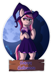 Size: 4961x7016 | Tagged: safe, artist:tenderrain-art, oc, pony, bipedal, clothes, dress, female, hat, mare, moon, night, night sky, outdoors, signature, simple background, sky, solo, transparent background, witch hat