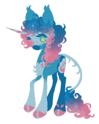 Size: 1542x1942 | Tagged: safe, artist:peaceandlove26, oc, oc only, oc:crownberry apple, bat pony, bat pony unicorn, hybrid, pony, unicorn, g4, 2022, bigender, blue coat, blue eyelashes, chest fluff, chest marking, coat markings, colored eyelashes, colored hooves, colored horn, colored legs, curly mane, curly tail, ear tufts, facial markings, freckles, gradient mane, gradient tail, hooves, horn, leg markings, leonine tail, lineless, long legs, long mane, long tail, magical lesbian spawn, mask (coat marking), next generation, no mouth, no pupils, offspring, old art, parent:pinkie pie, parent:princess luna, parents:lunapie, pink hooves, profile, simple background, snip (coat marking), solo, sparkles, sparkly mane, sparkly tail, striped horn, tail, tail fluff, thin legs, thin tail, transparent background, two toned eyes, unicorn oc