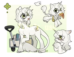 Size: 3300x2550 | Tagged: safe, artist:tabithaqu, oc, oc only, pony, unicorn, book, female, food, glasses, horn, mare, passepartout, pizza, solo, unshorn fetlocks